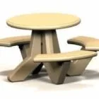Round picnic table with four curved bench seats.