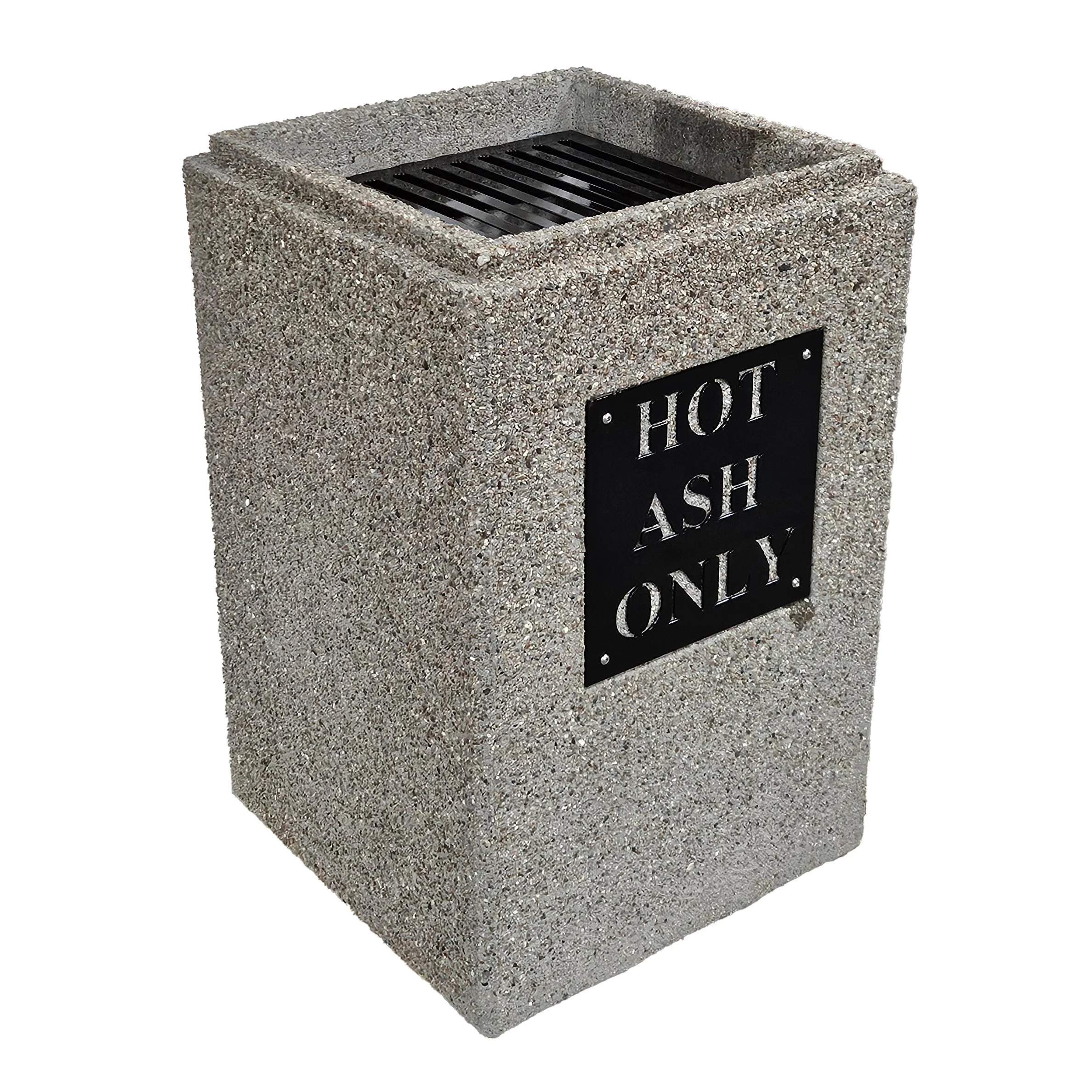 Concrete ash receptacle with HOT ASH ONLY sign.