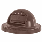 Brown dome-shaped object with three white dots and a logo.