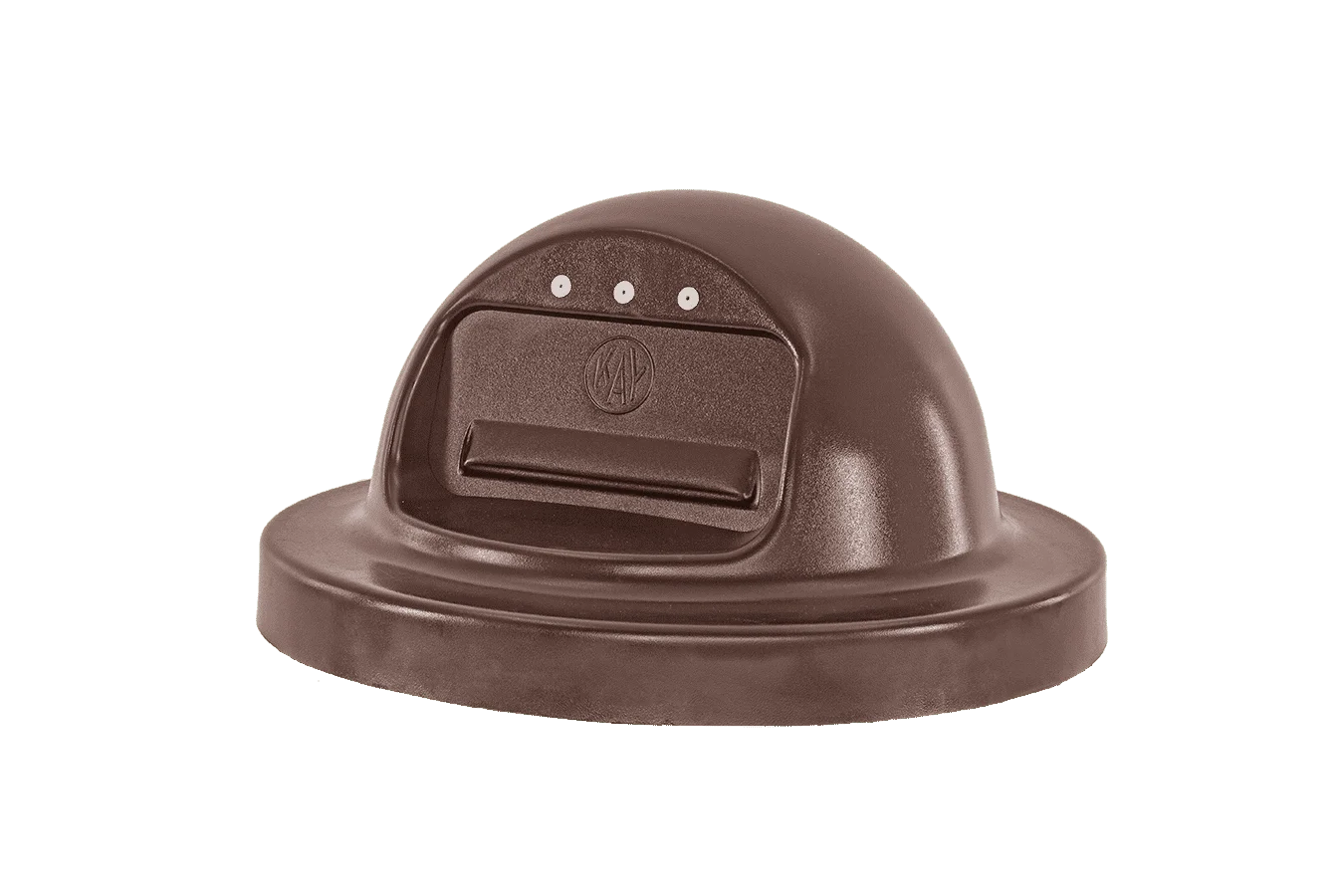 Brown dome-shaped object with three white dots and a logo.