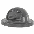Black dome-shaped object with three small lights and a logo.