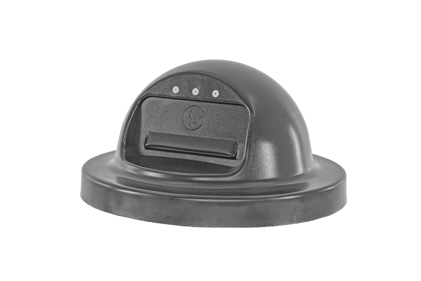 Black dome-shaped object with three small lights and a logo.