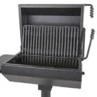 Black outdoor grill with metal grate and side handles.