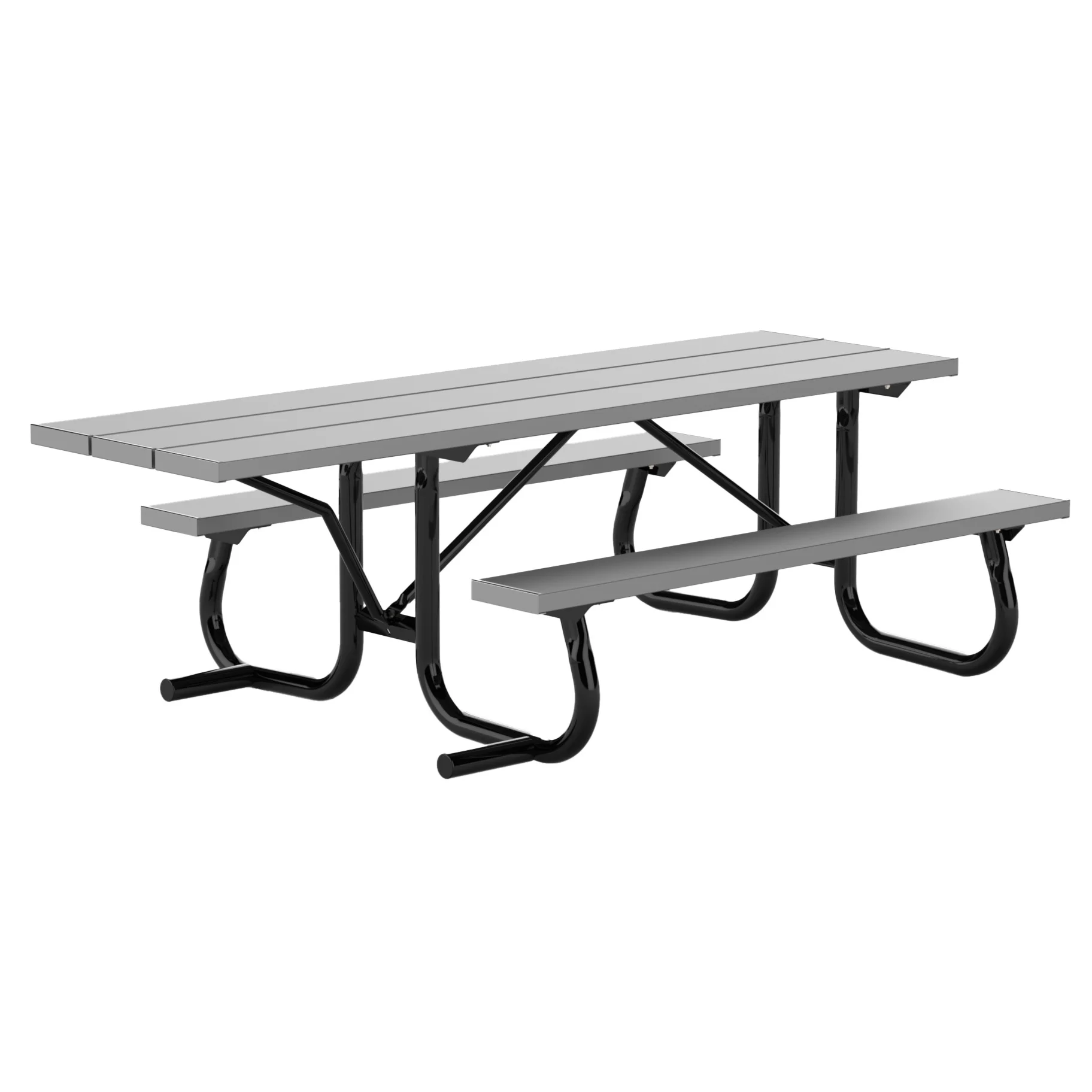 End-Access-Aluminum-Table Outdoor picnic table with metal legs and benches.