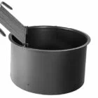 Black metal pot with a handle and spring mechanism.