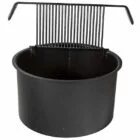 Black bucket with a metal grill on top.