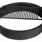 Black metal fire pit grill with a handle.