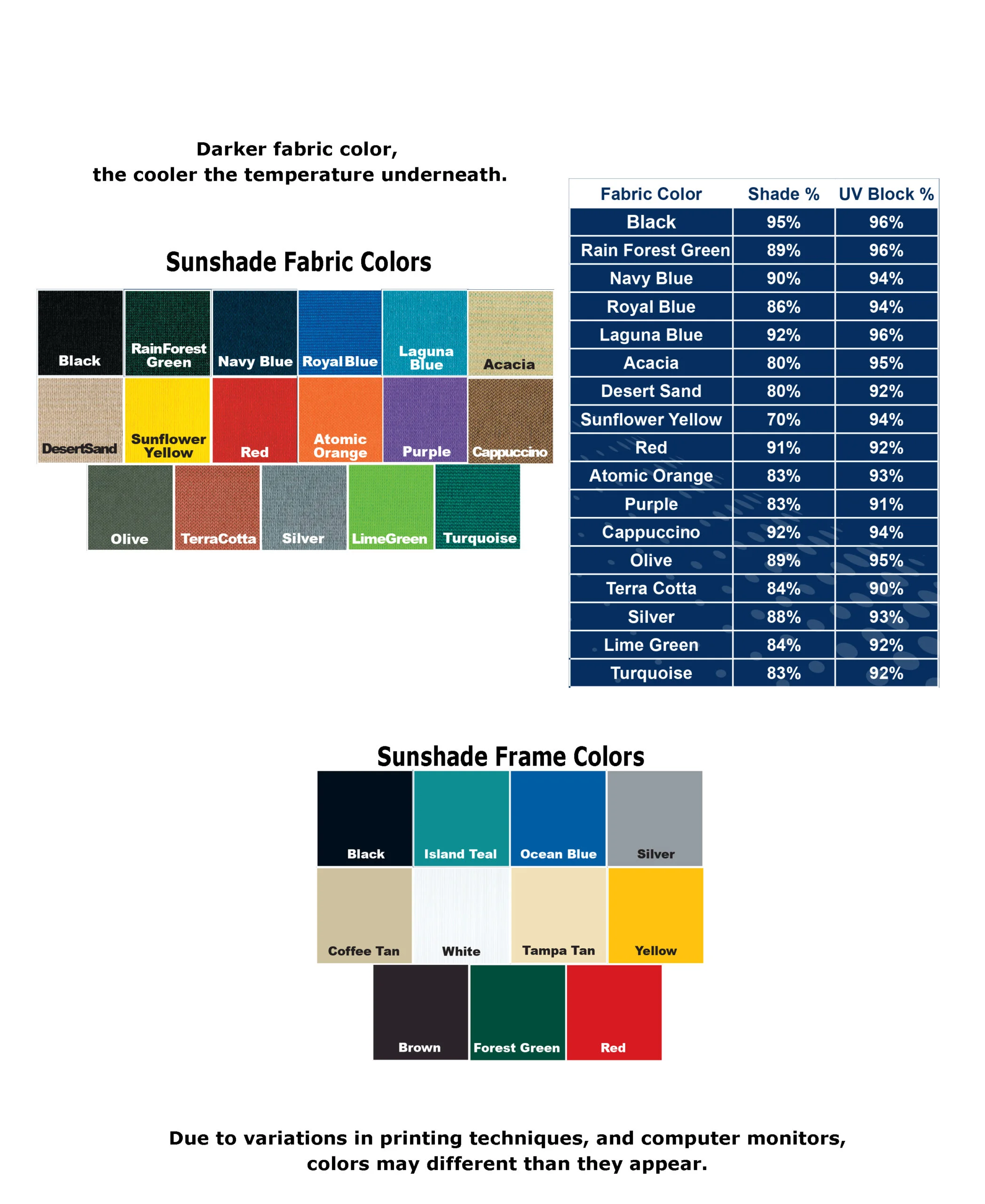 Sunshade fabric and frame color chart.