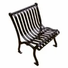 Black metal bench with curved legs and vertical slats.