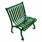 Green metal bench with curved armrests and legs.