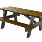 Wooden picnic table with black legs and brown slats.