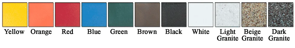 Color and texture samples: Yellow, Orange, Red, Blue, Green, Brown, Black, White, Light Granite, Beige Granite, Dark Granite.