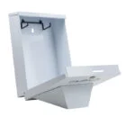 White wall-mounted shelf with a hook and label.