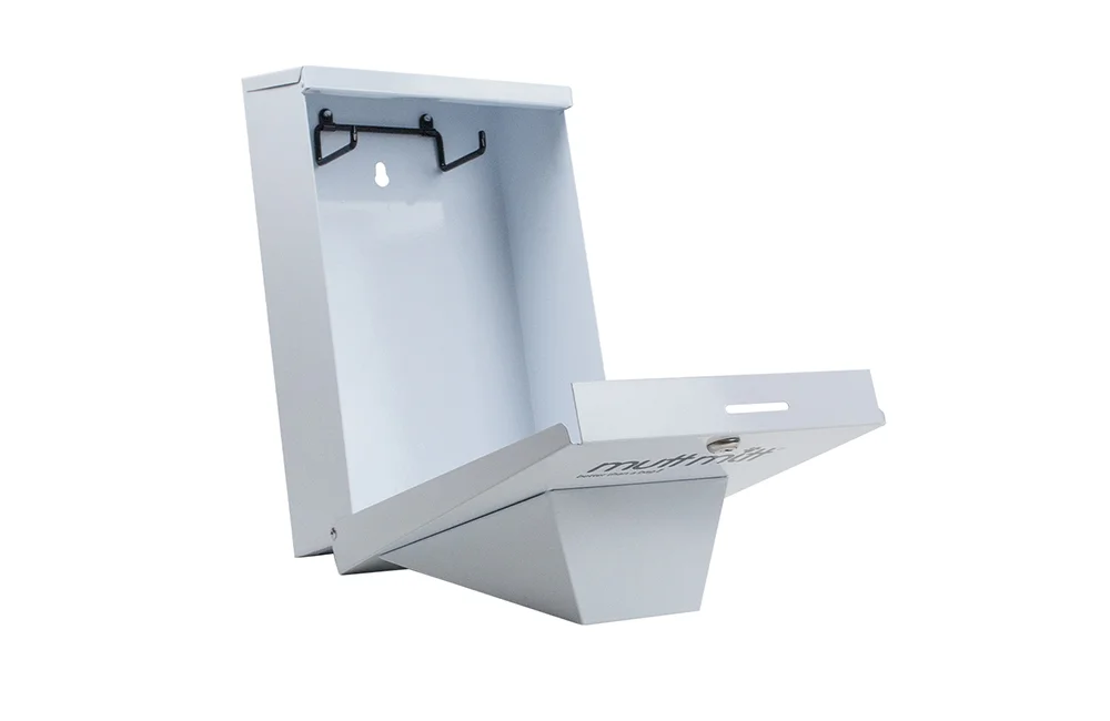 White wall-mounted shelf with a hook and label.