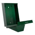 Green metal mailbox on a white background.