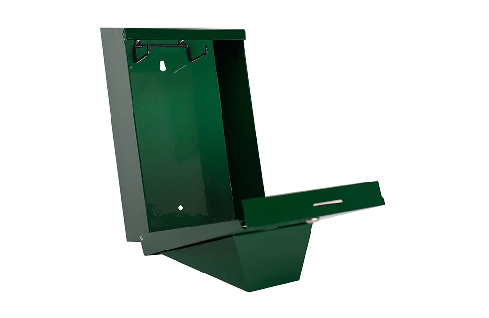 Green metal mailbox on a white background.