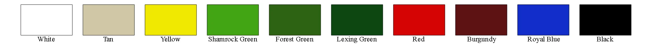 Color swatches: White, Tan, Yellow, Shamrock Green, Forest Green, Lexing Green, Burgundy, Royal Blue, Black.