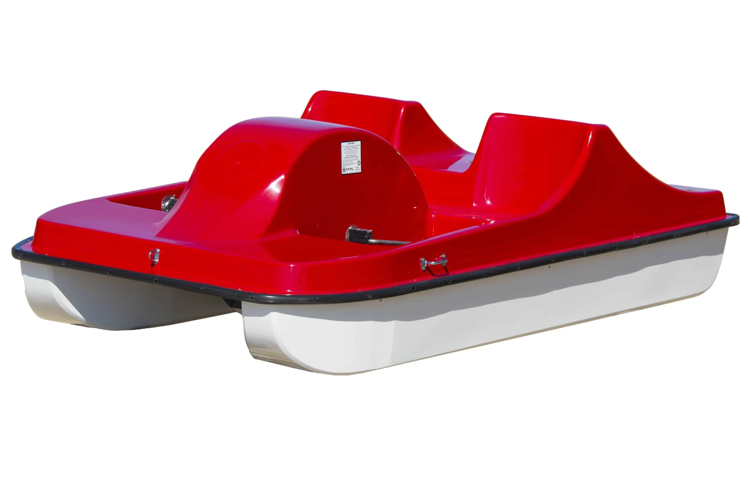 Red and white pedal boat on a white background.