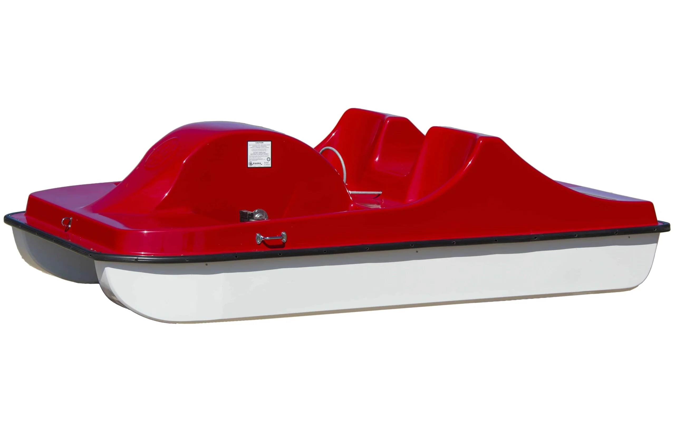 Red and white pedal boat on a white background.