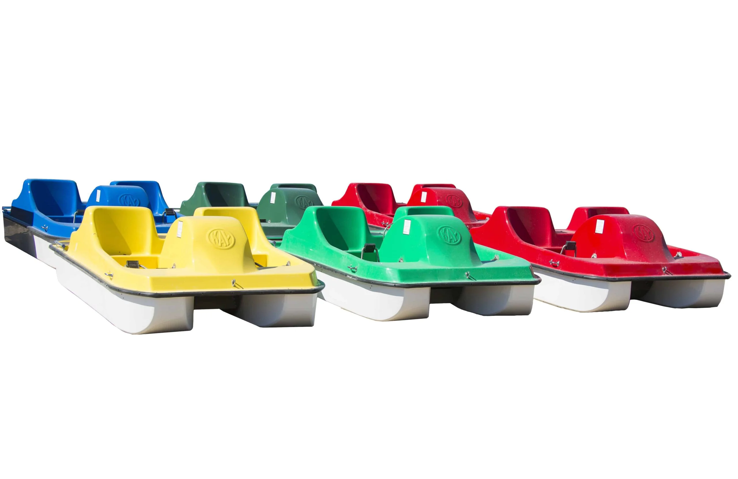 Pedal boats in various colors.