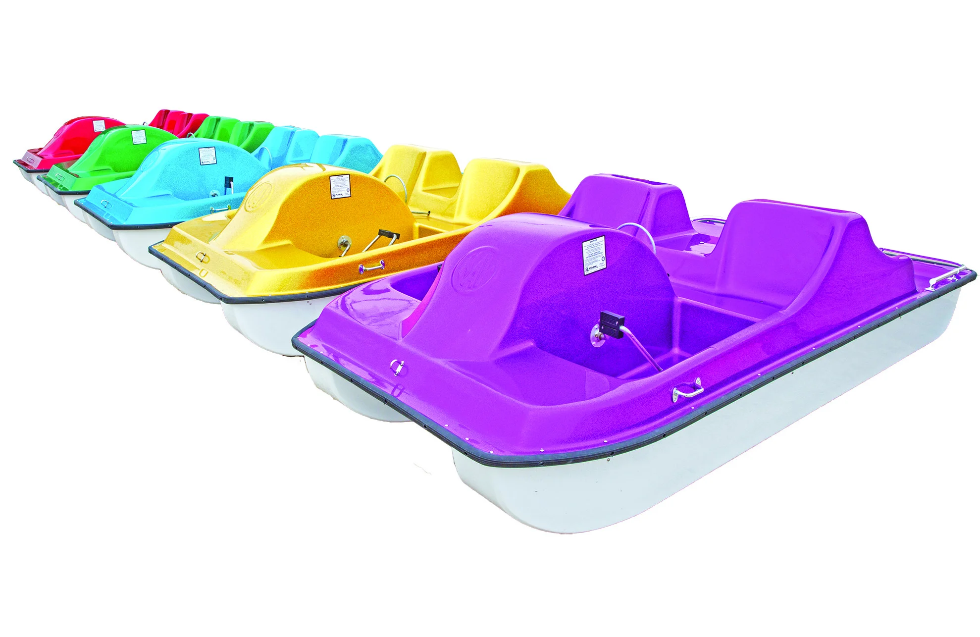 Colorful paddle boats in a row.
