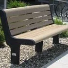 Wooden bench in a garden setting.