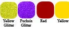 Color swatches: Green Glitter, Red Glitter, Blue Glitter, Yellow Glitter, Fuchsia Glitter, Red, Yellow, Shamrock Green, Blue, Hunter Green.