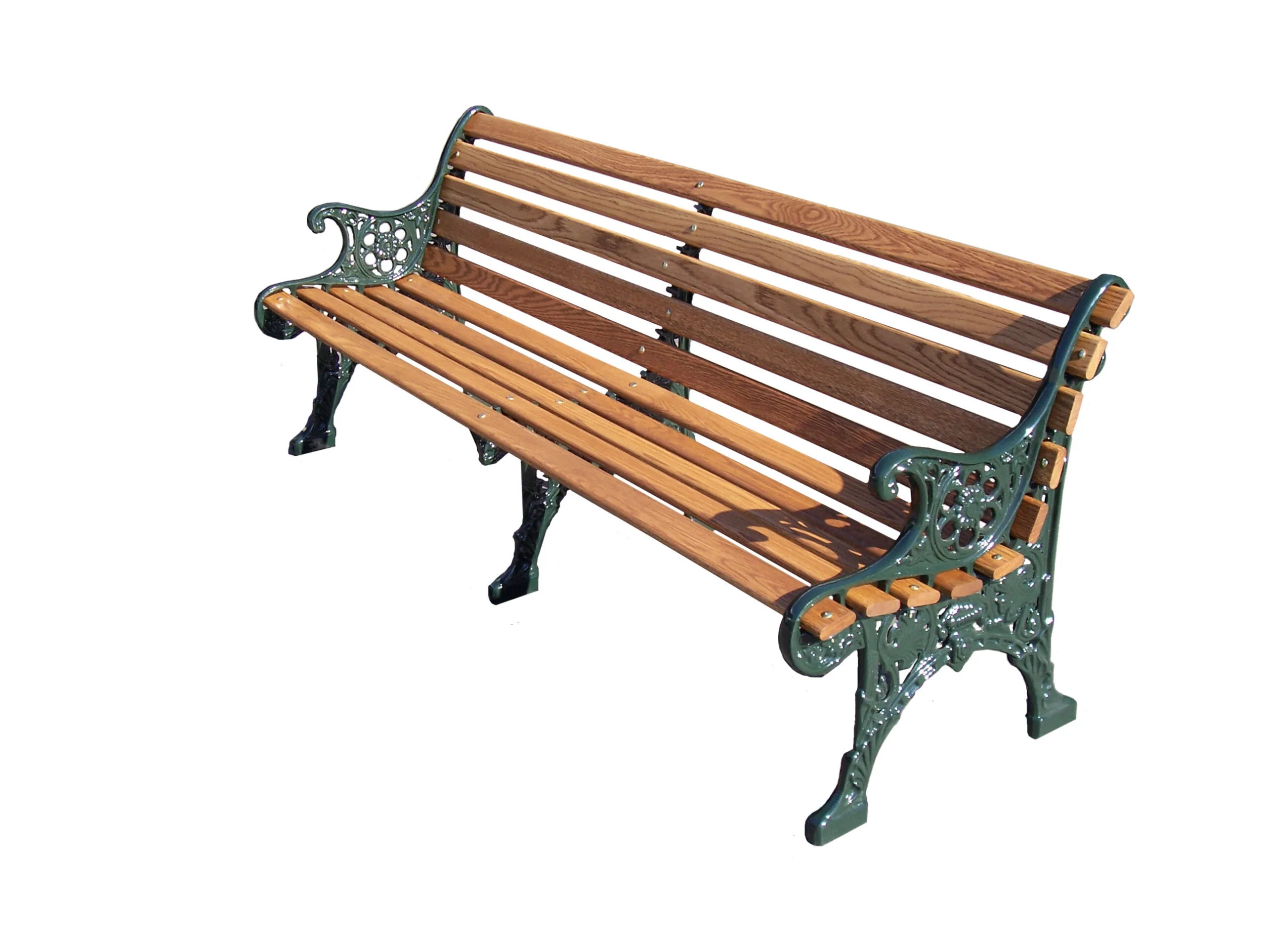 Wooden bench with metal armrests and legs.
