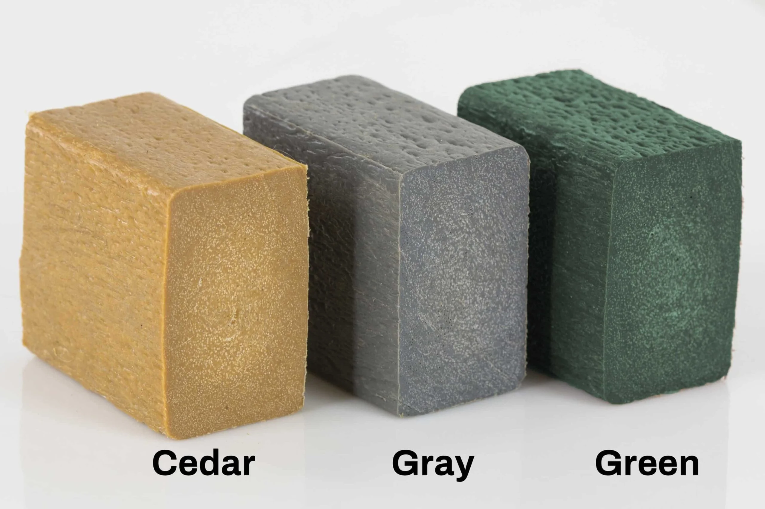 Three foam blocks in Cedar, Gray, and Green colors.