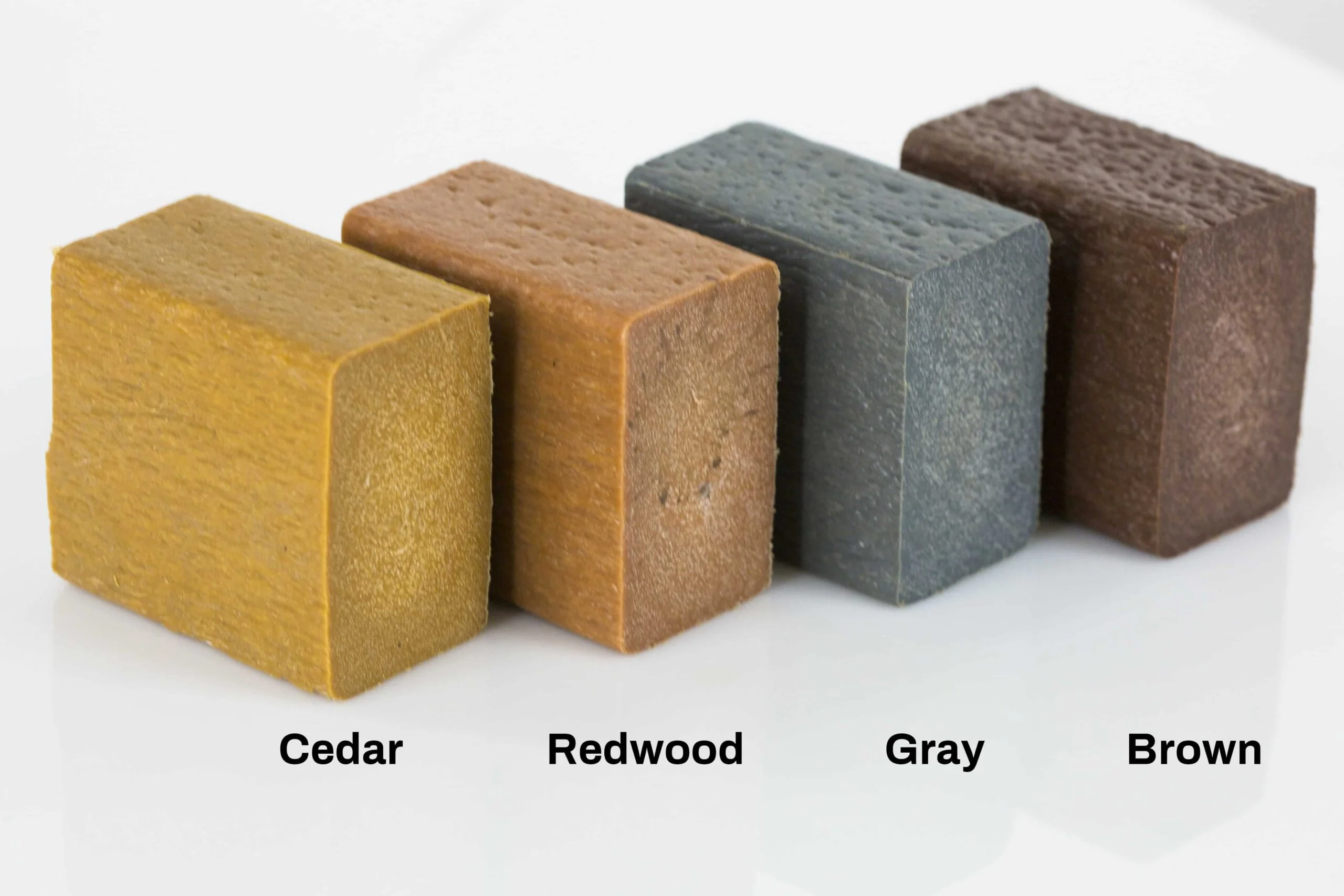 Wooden blocks in different colors: Cedar, Redwood, Gray, Brown.