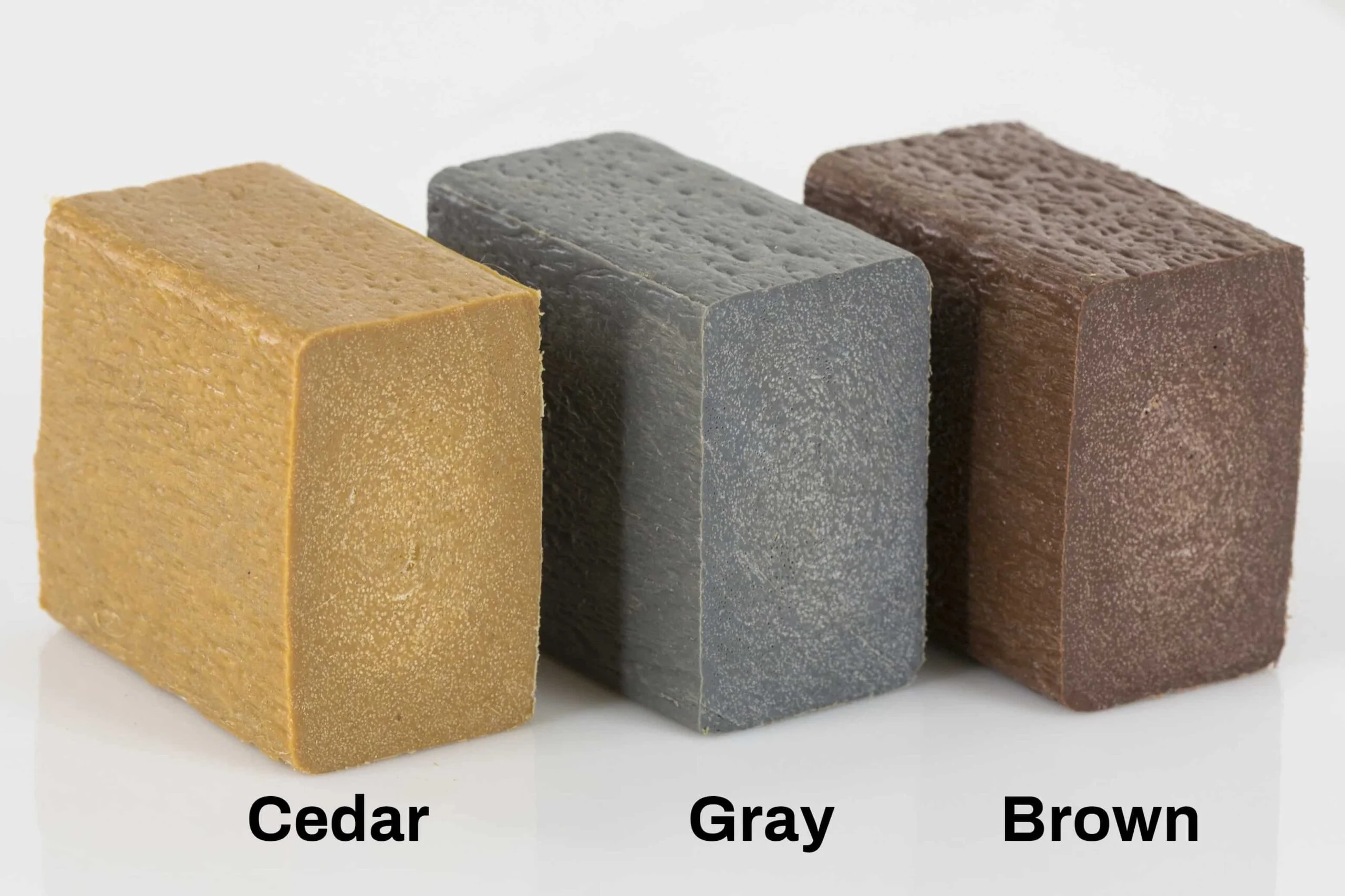 Three colored foam blocks: Cedar, Gray, and Brown.