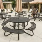 Outdoor picnic tables and umbrellas in a patio setting.