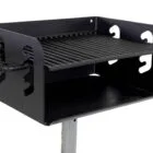 Black metal grill on a stand.