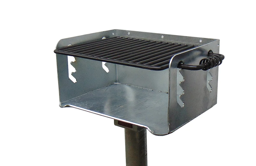 Portable metal grill on a stand.