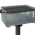 Outdoor grill on a stand.