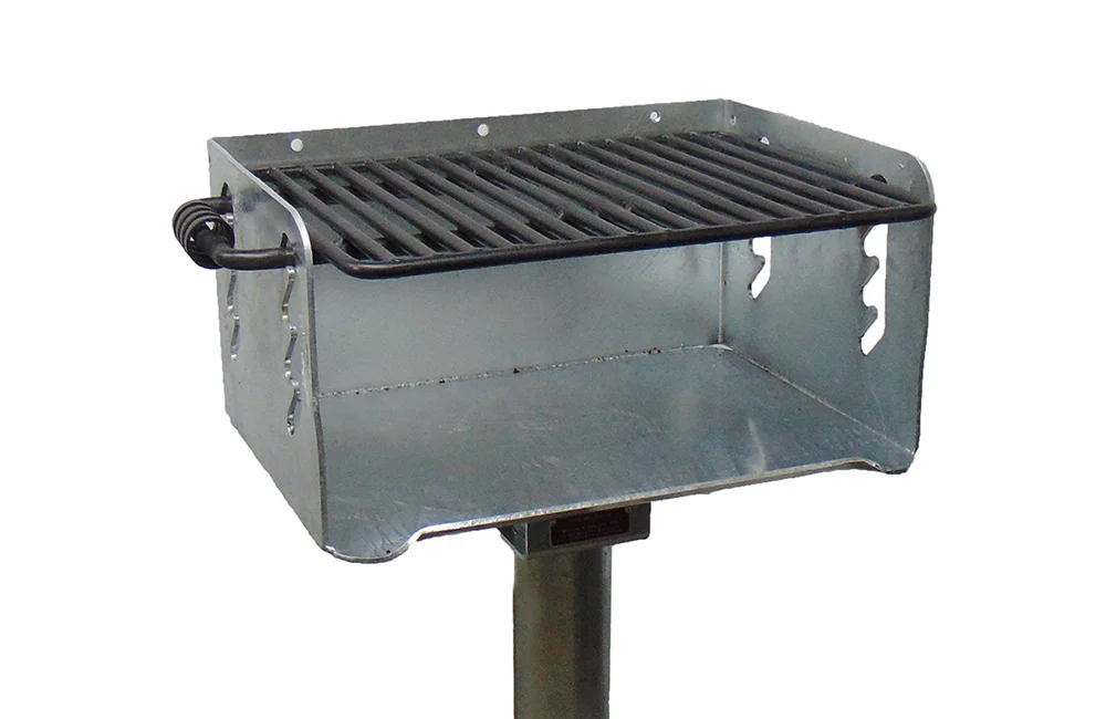 Outdoor grill on a stand.