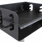 Black metal grill with handles and a grate.