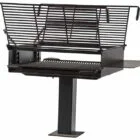 Black metal grill stand with adjustable height.