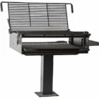 Outdoor grill on a stand.