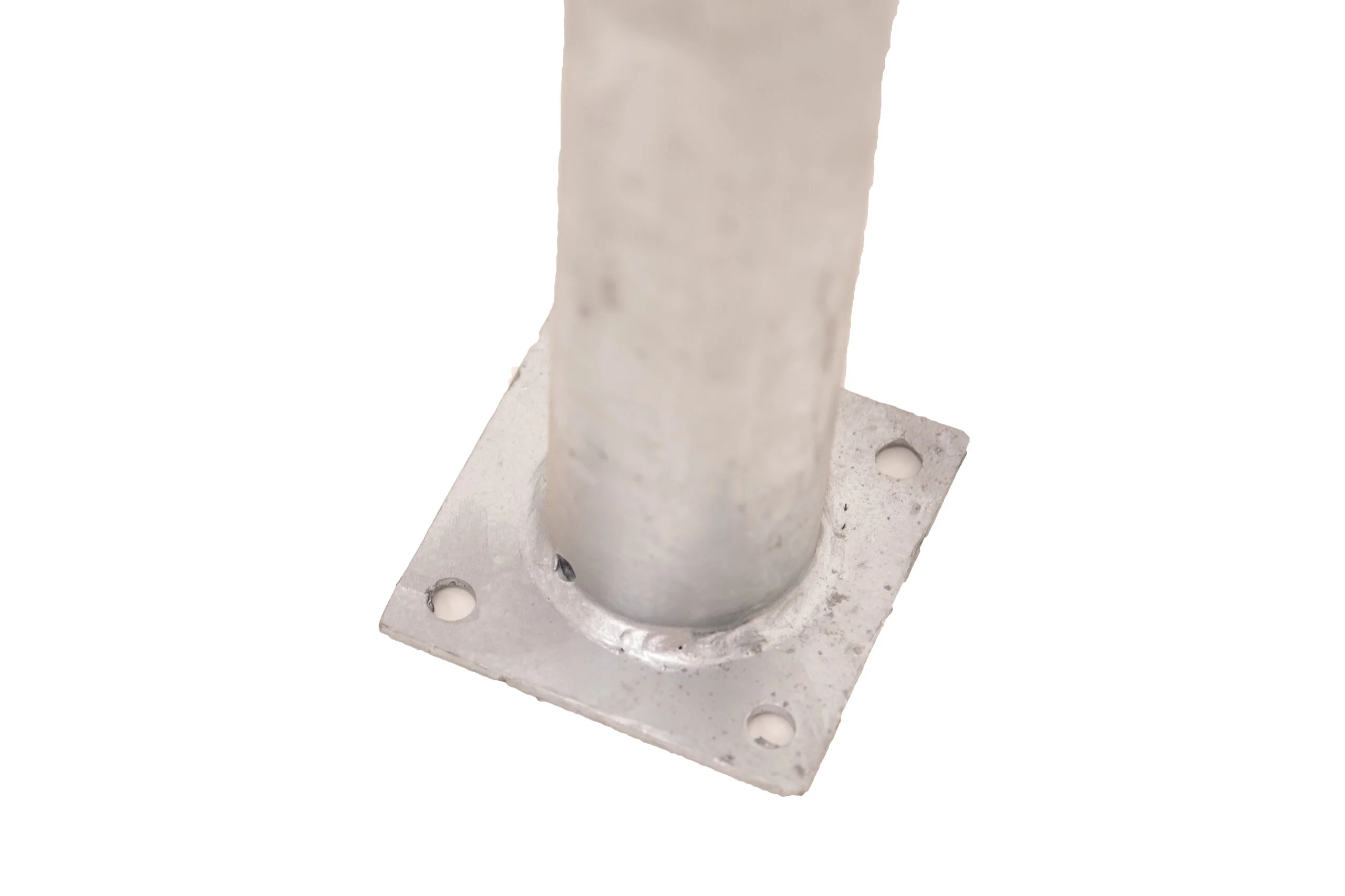 Metal pipe base with four holes.
