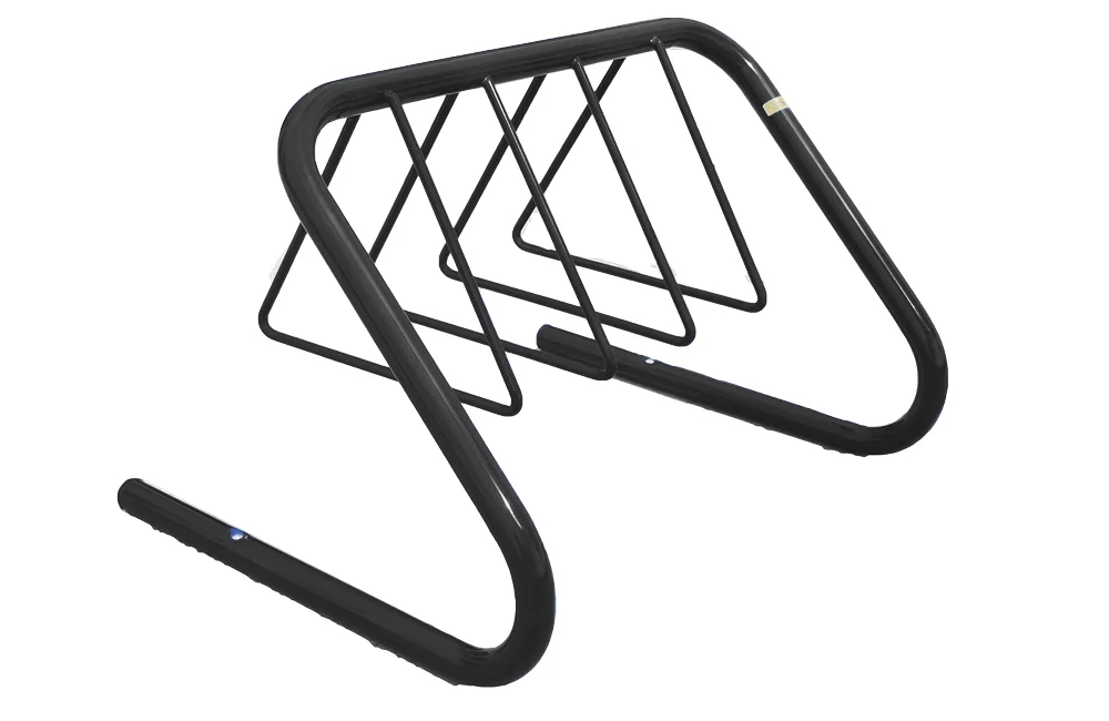 Black bike rack on a white background.