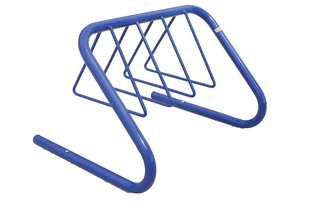 Blue metal bike rack on a white background.