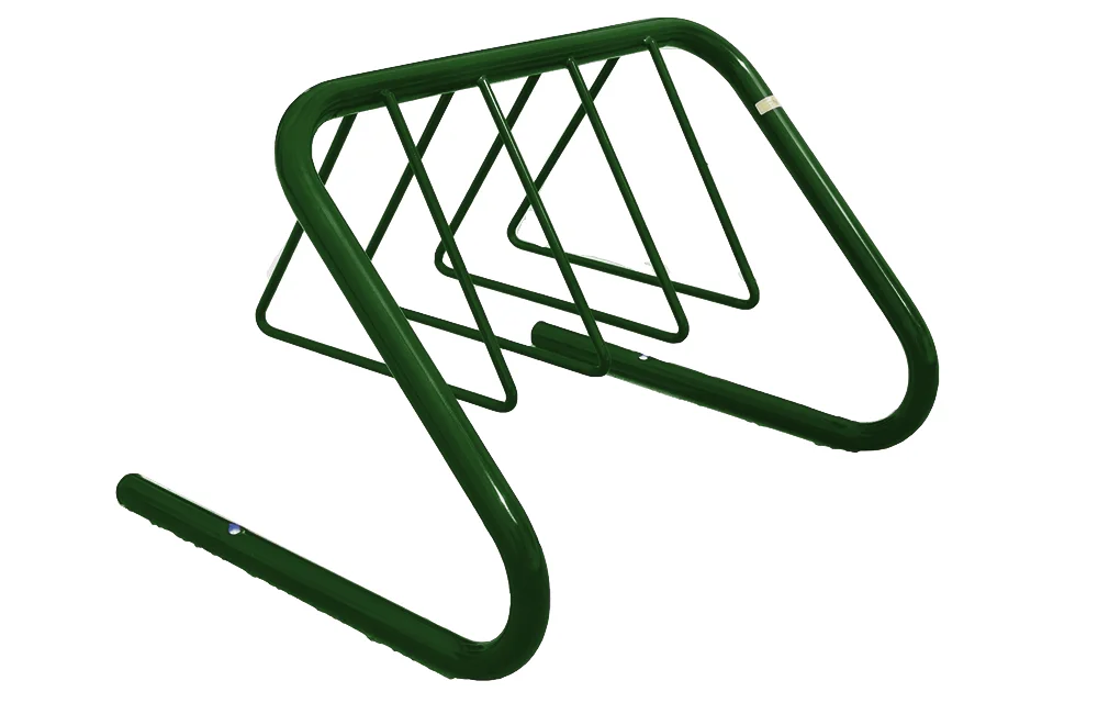 Green metal bike rack on a white background.