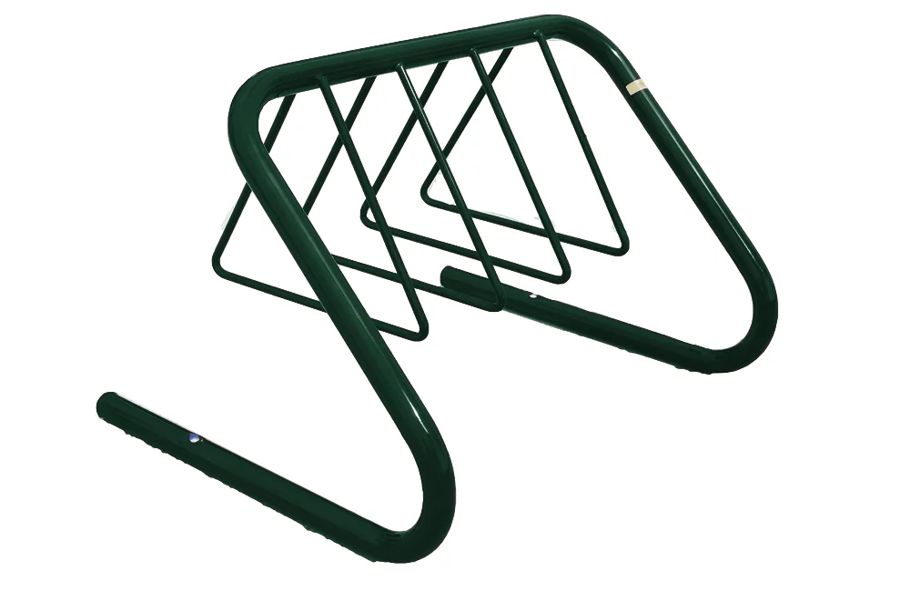 Green metal bike rack on white background.
