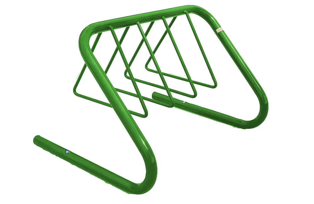 Green metal bike rack on a white background.