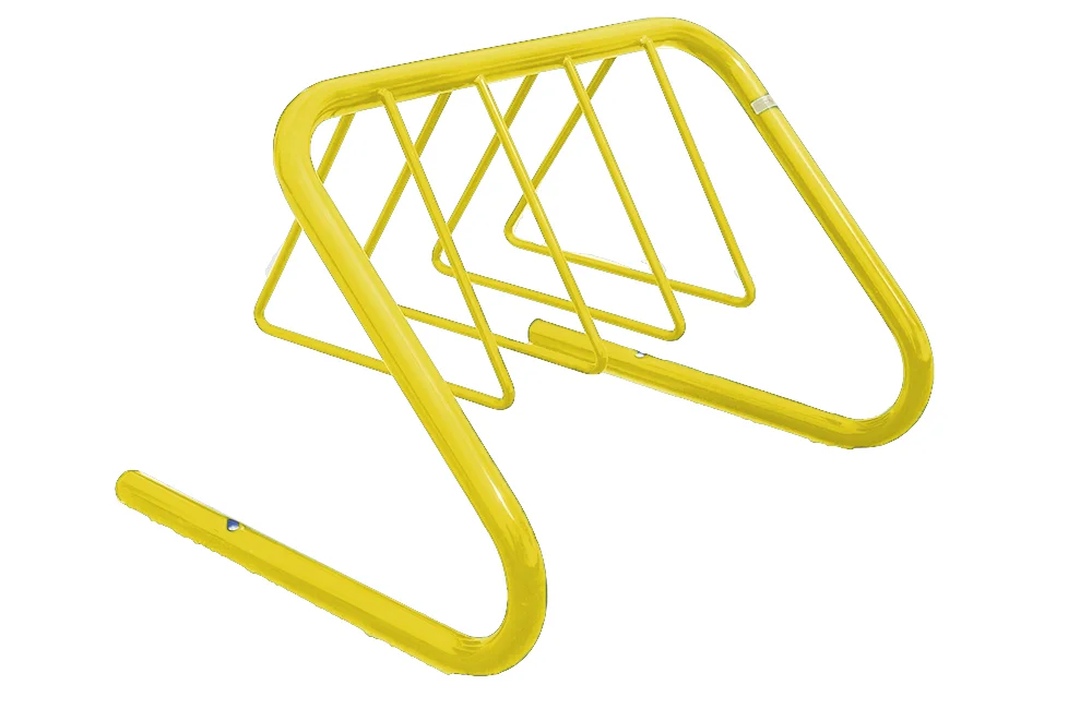 Yellow bicycle rack on a white background.