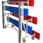 Mobile storage rack with red and blue plastic crates.