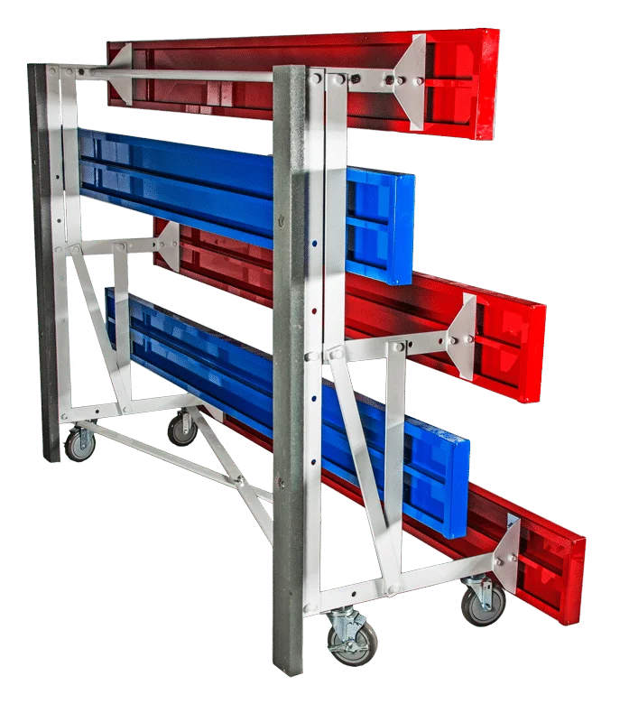 Mobile storage rack with red and blue plastic crates.