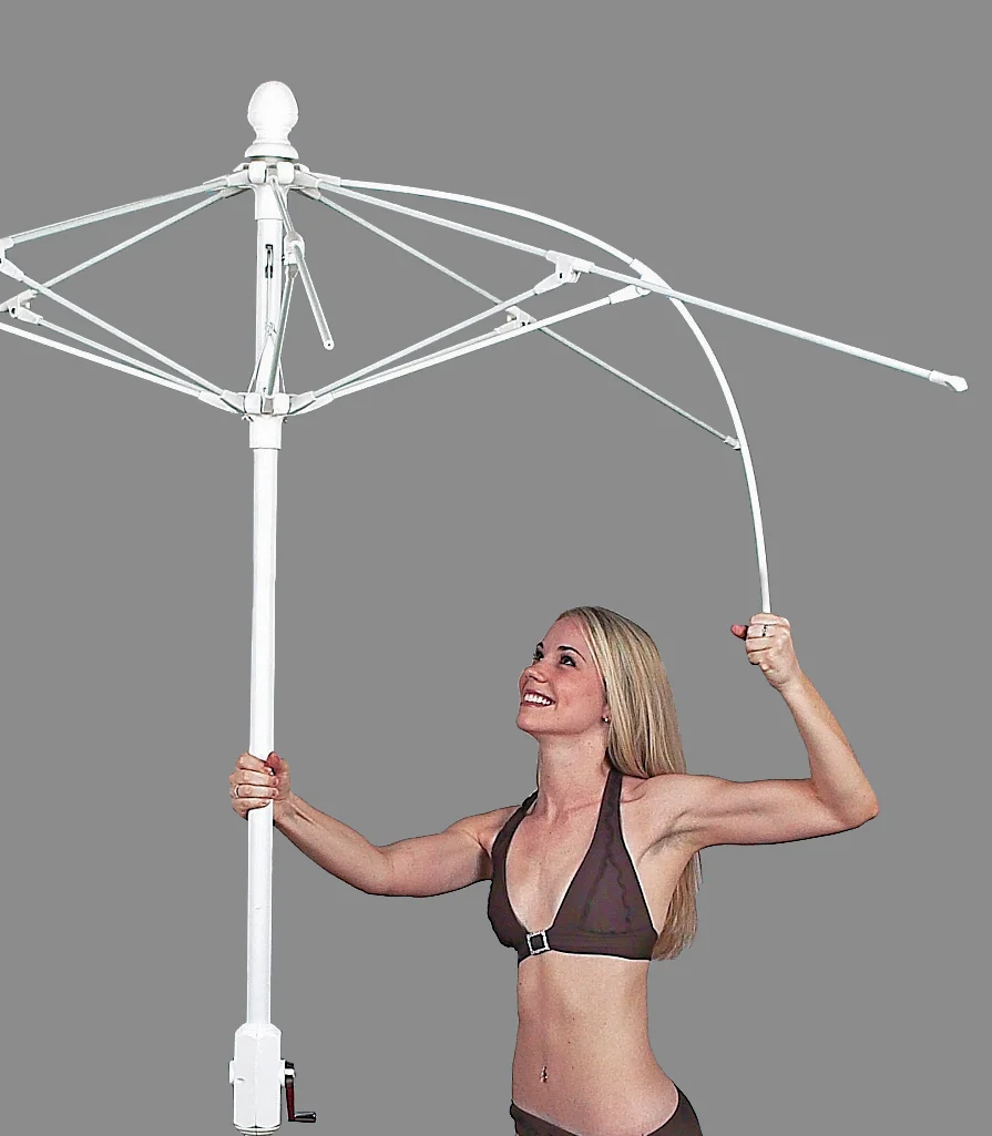 Woman holding a large white umbrella.