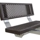 Outdoor metal bench with perforated backrest and seat.